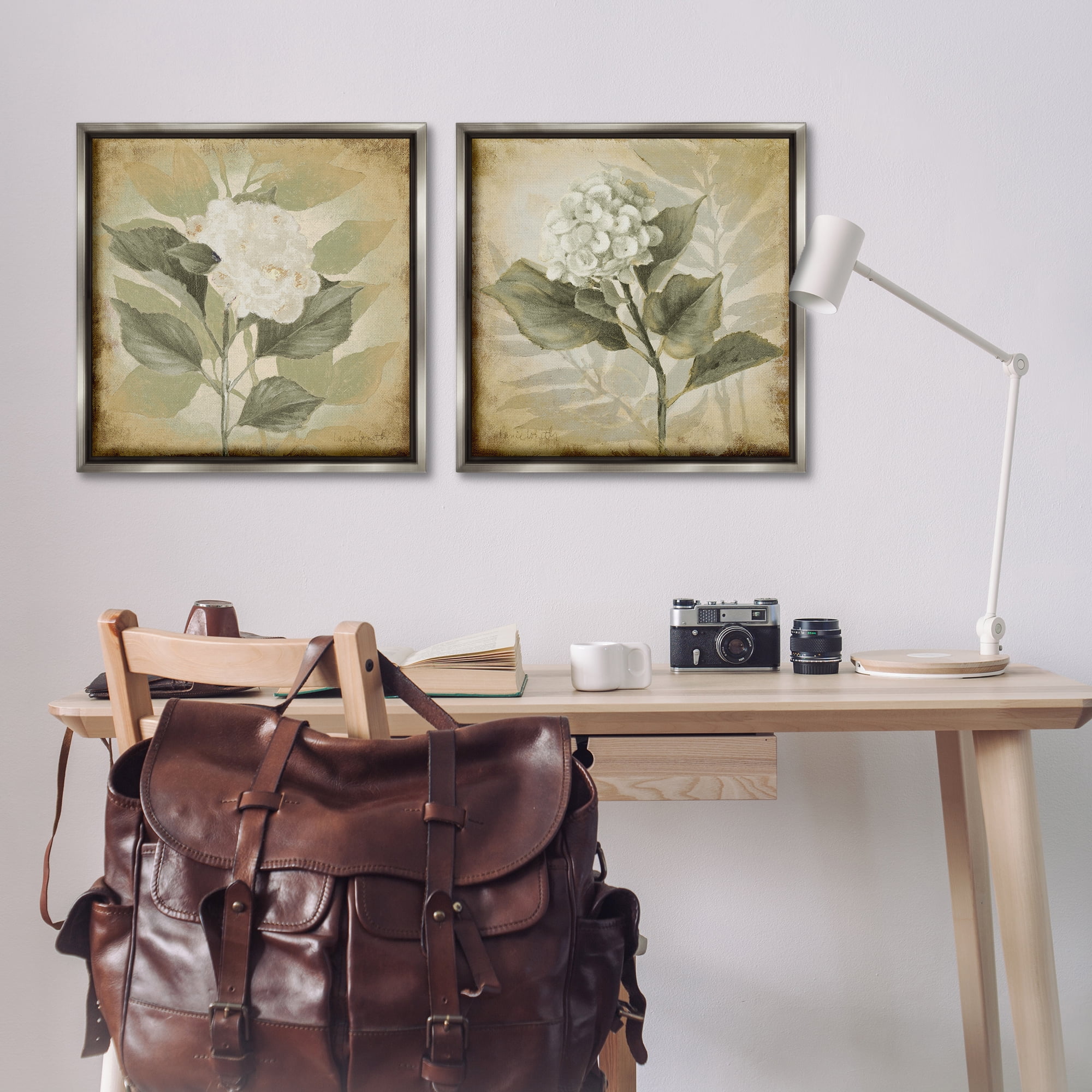 Stupell Industries Aubergine White Hydrangeas Floral & Botanical Painting Gray Floater Framed Canvas Art Print Wall Art, 25 x 25, Set of 2