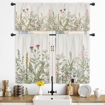 Wildflower Kitchen Curtains and Valances 3 Piece Set Rod Pocket 36 Inch Short Rustic Floral Green Leaves Farmhouse Plant Herbs Country Botanical Nature Bedroom Living Room Treatment Fabric