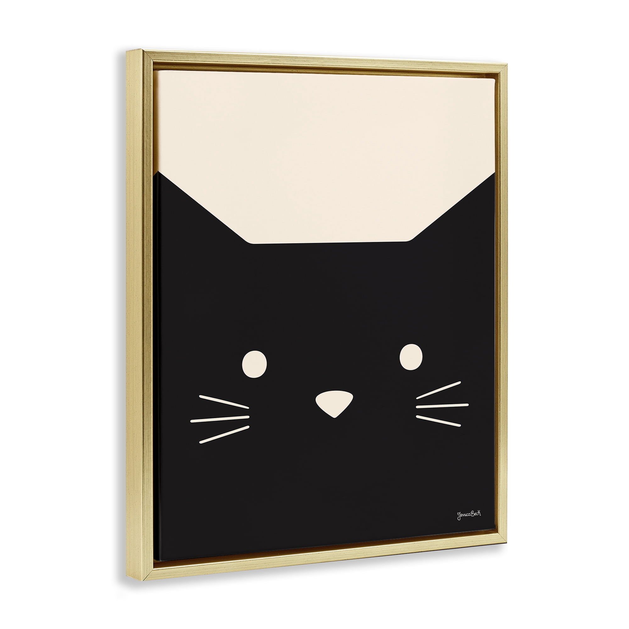 Stupell Industries Black Cat Close Up Animals Painting Gold Floater Framed Canvas Art Print Wall Art, 17 x 21