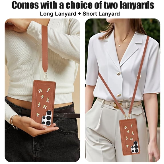 TECH CIRCLE for Galaxy S24 Ultra (6.8") Wallet Phone Case, Embroidered Flower Design, with Shoulder/Wrist Strap, Lightweight Protective Faux Leather/TPU Protective Cover for Women, Brown