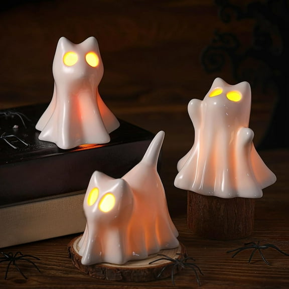 3 Pcs Ceramic Ghost Cat Halloween Candle Holders Cute Spooky Halloween Candlestick Desktop Ornament Decor Small White Ghost Figurine for Desk Tabletop Centerpieces Decoration Indoor