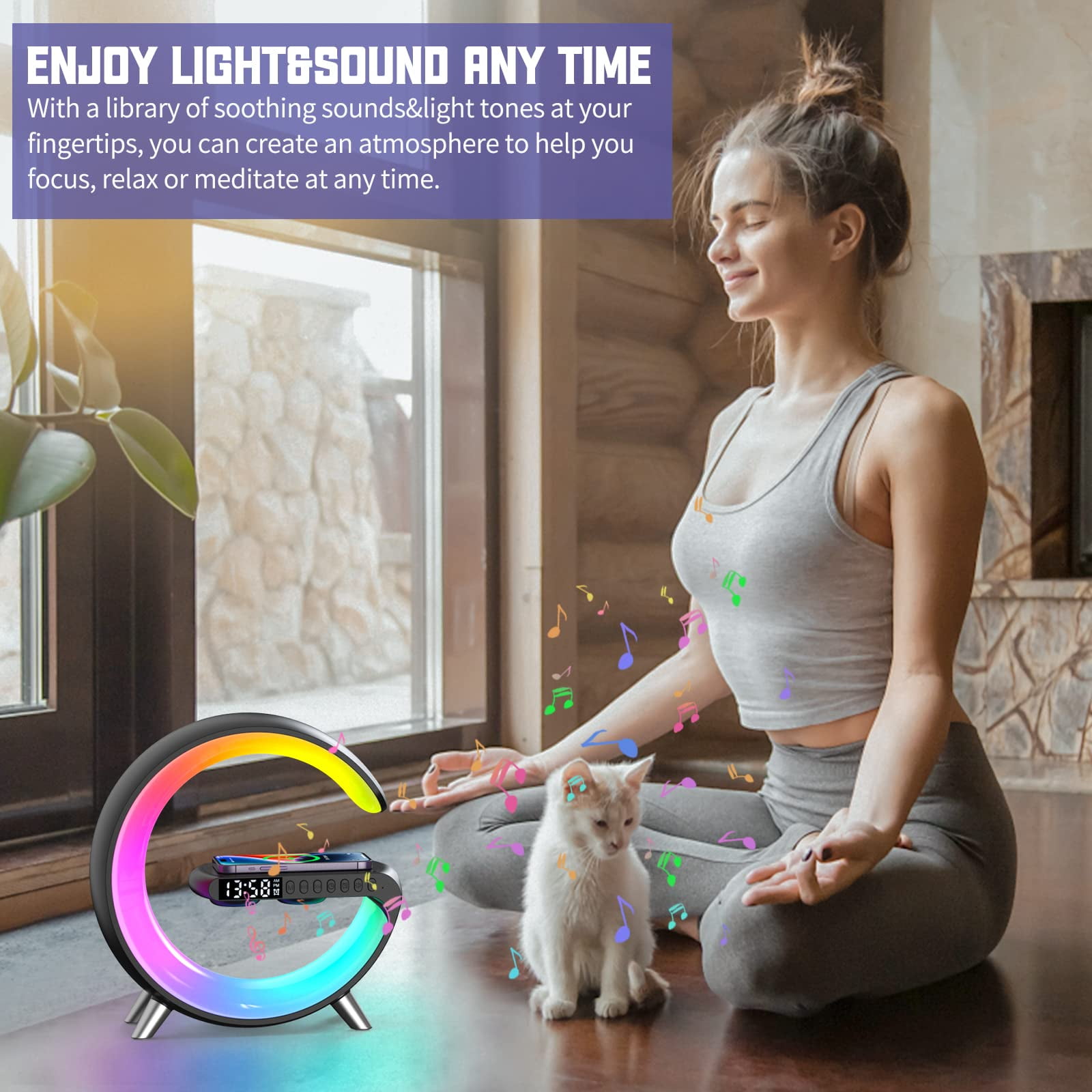 2025 New Wireless Charger Atmosphere Lamp, 4-in-1 Bluetooth Speaker with Lights, Bedside Lamp with Clock, Color Changing Sound Machine Smart LED Table Lamp for Home Decor, Bedroom, Office (Black USB)