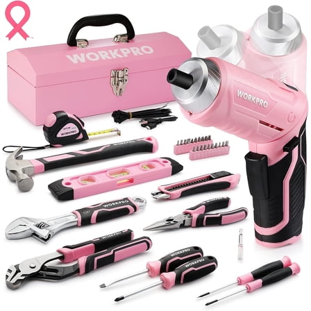 WORKPRO 75-Piece Pink Tool Set with 3.7V Cordless Screwdriver & Portable Steel Toolbox - Home, Garage, Dorm Essentials