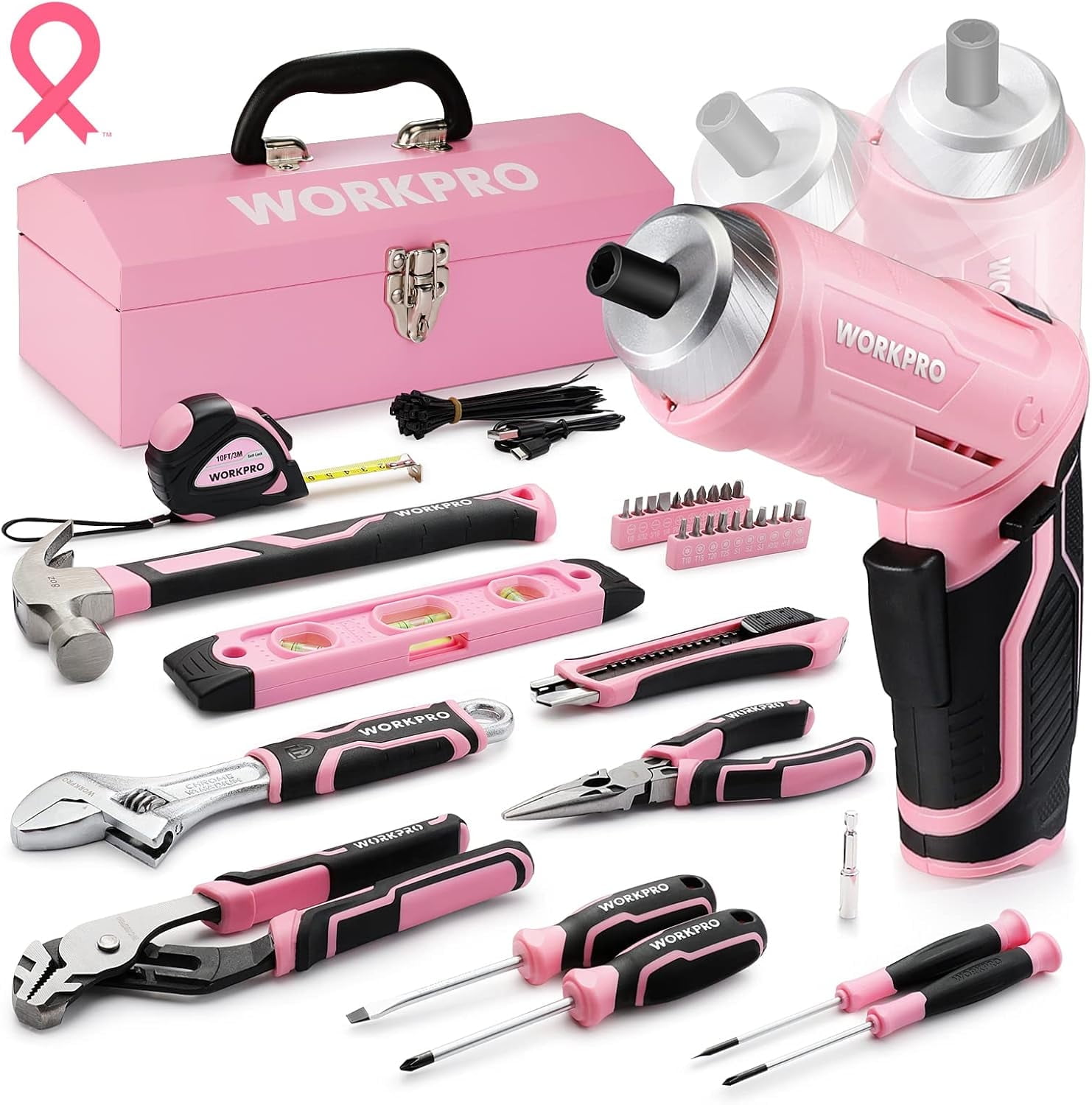 WORKPRO 75-Piece Pink Tool Set with 3.7V Cordless Screwdriver & Portable Steel Toolbox - Home, Garage, Dorm Essentials