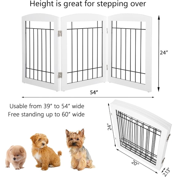 Free Standing Dog Gate for House Stairs Doorways Indoor Foldable Wooden Small White Puppy Pet Fence Step Over 60" W 24" H 3 Panels