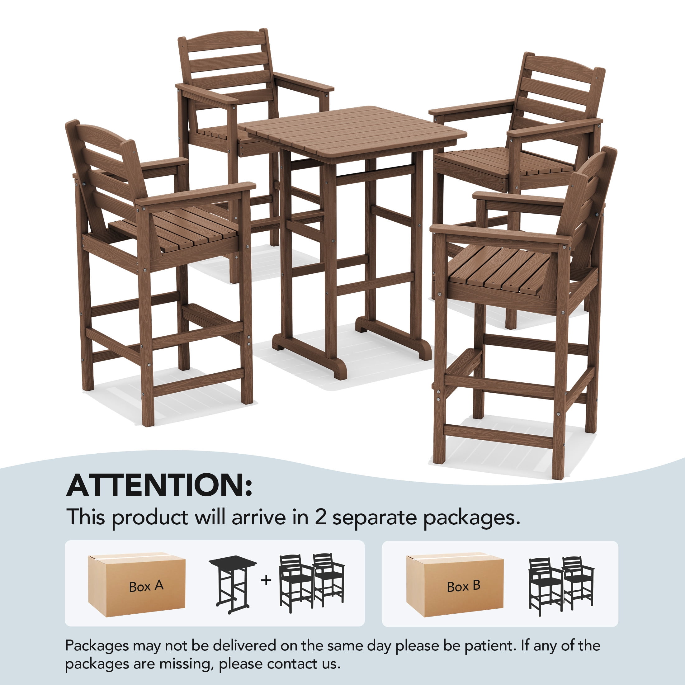RIAFUN HDPE Outdoor Bar Set of 5 - 1 Height Bar Table & 4 Oversized Wide Seat Tall Adirondack Chairs, Weather Resistant for Patio, Poolside, Garden, Brown