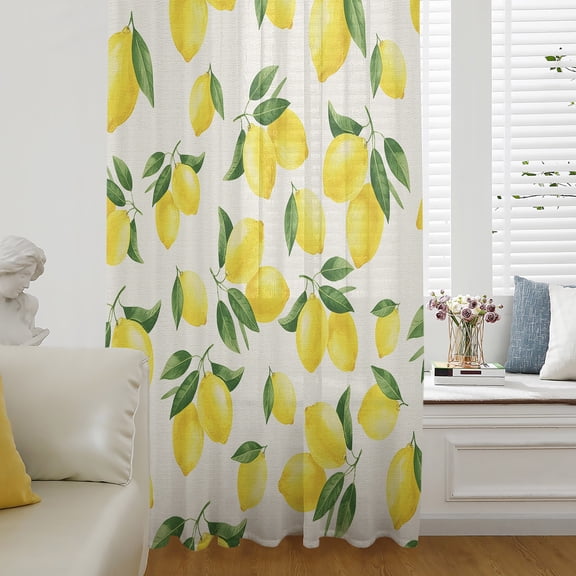 Yellow Lemons Sheer Curtains 72 Inch Length, Light Filtering Voile Curtain Panel, Summer Citrus Fruits Leaves Country Vintage Rod Pocket Drapes Window Treatments for Living Room Bedroom 52"x72"