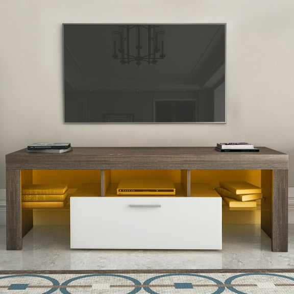 Farmhouse TV Stand for TV up to 55 inches, TV Table Stand with 16-Color LED Lights, TV Console Table with Storage, Brown White, 51"L×14" W×18"H