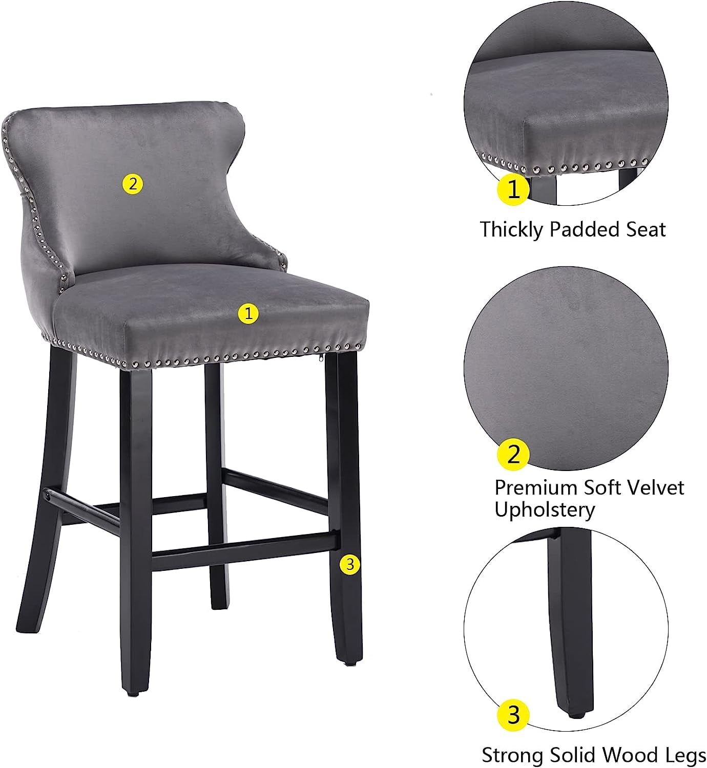 Seizeen Counter Height Bar Stools, Set of 2, Wing-back Velvet Dining Chairs with Soft Cushion, Solid Wood Legs, Button Tufted Decoration and Chrome Nailhead Trim, Gray