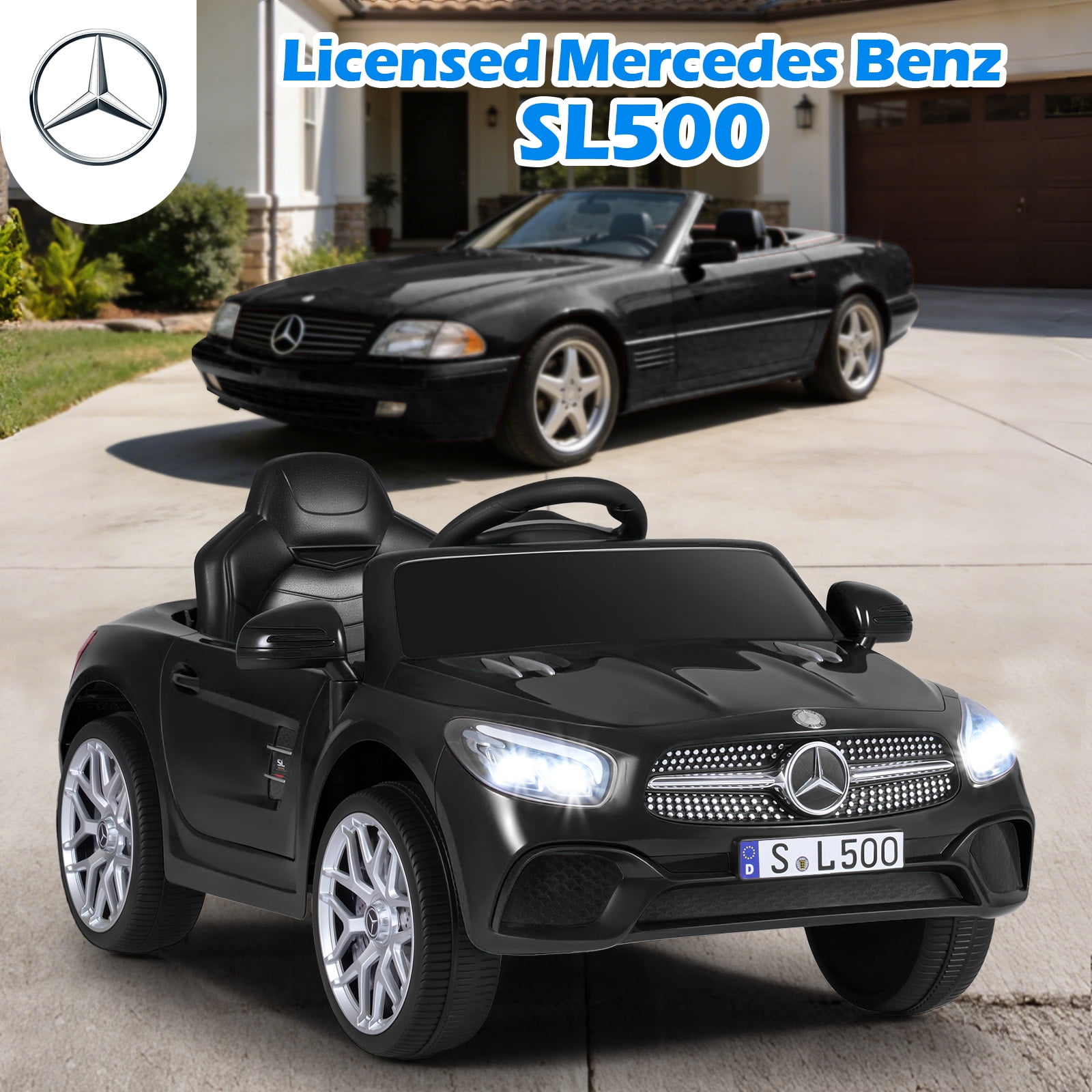 OLAKIDS 12V Electric Kids Ride On Car, Licensed Mercedes Benz SL500 Toy Car with Remote Control, MP3 Plug, USB, 2 Speeds, LED Lights, Battery Powered Toy Vehicle for Toddler Children (Black)
