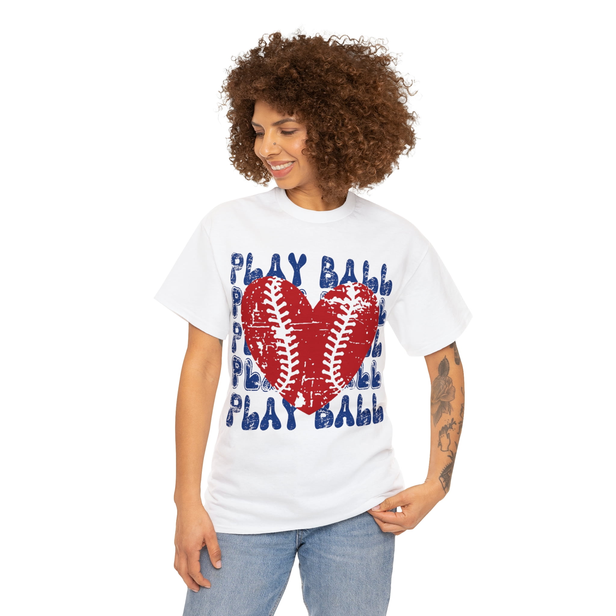 Vintage Play Ball Retro Heart Baseball T-Shirt Women's Unisex Graphic Tee White 2XL