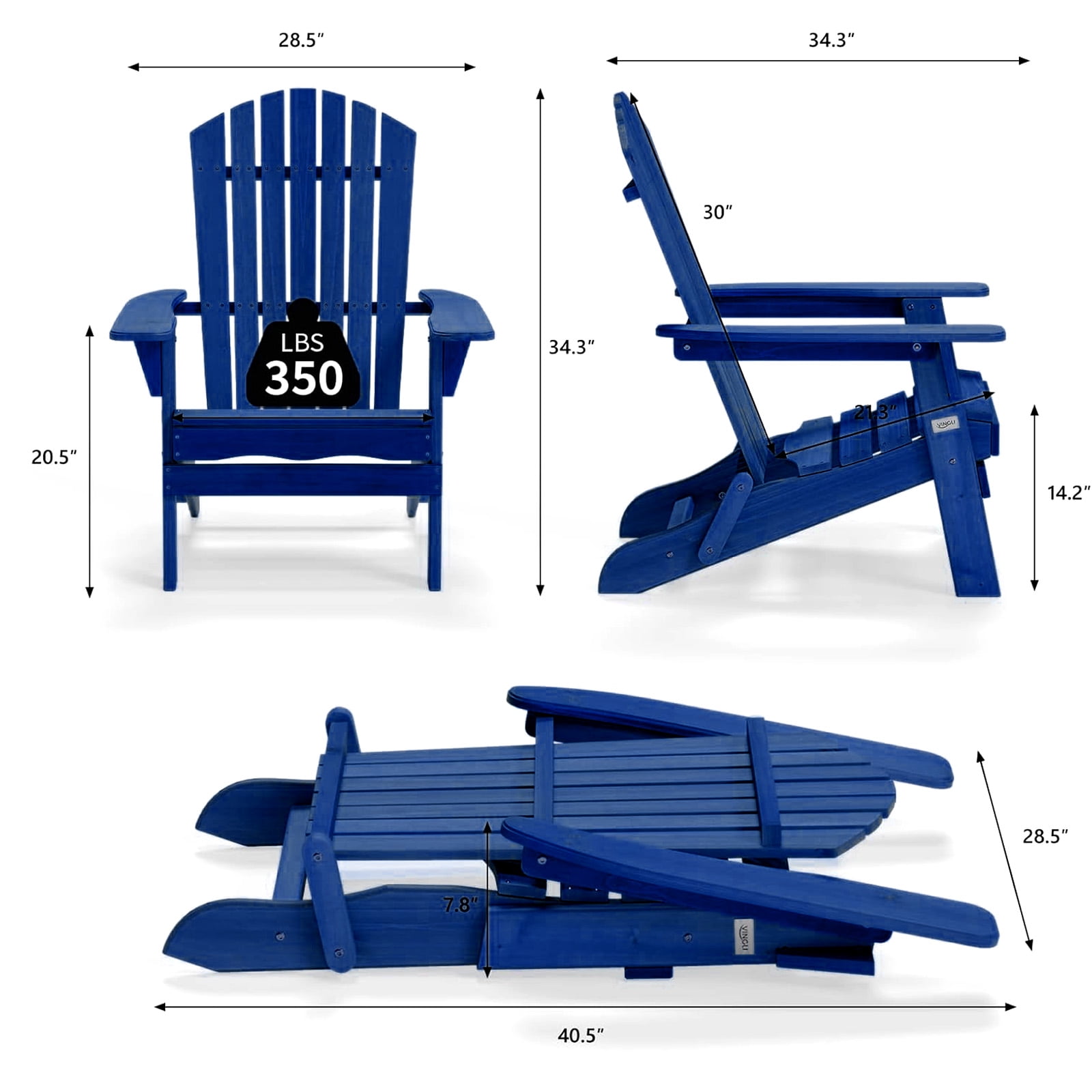 Ktaxon 1 Pack Patio Wood Adirondack Chair, Garden Chaise Chair Outdoor Folding Chair, Wooden Chair for Patio, Garden, Navy Blue