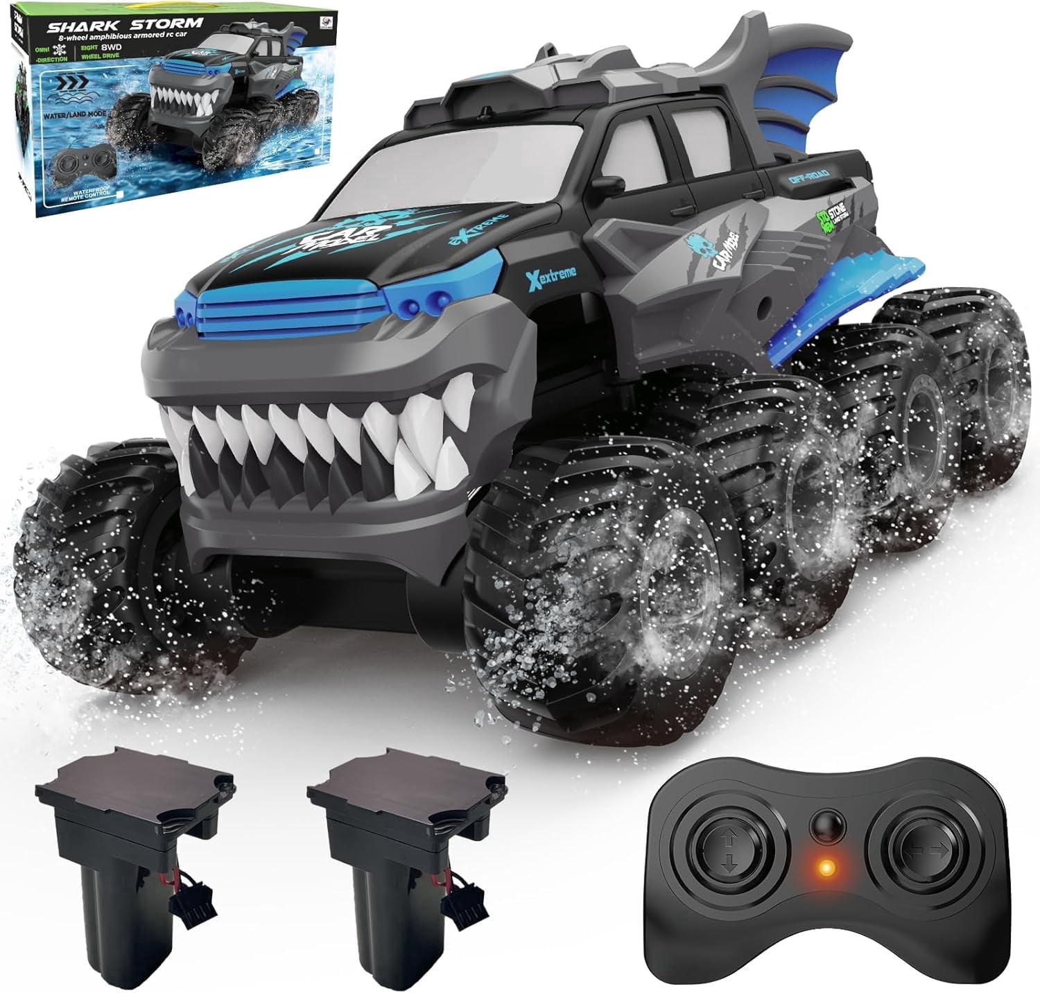Amphibious Remote Control Car with 2  Rechargeable Batteries, 8WD RC Cars for Boys Age 8-12, Offroad Waterproof RC Monster Truck, 2.4GHz All Terrain RC Drift Cars Beach Pool Toys Gifts for Kids Blue