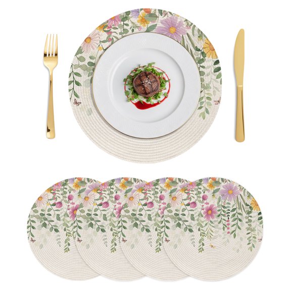 Round Placemats Spring Farmhouse Wild Flowers 15 inch Set of 4 Table Mats for Dining Table Green Plants Heat Resistant Non-Slip Kitchen & Home Decorative Place Mat Set