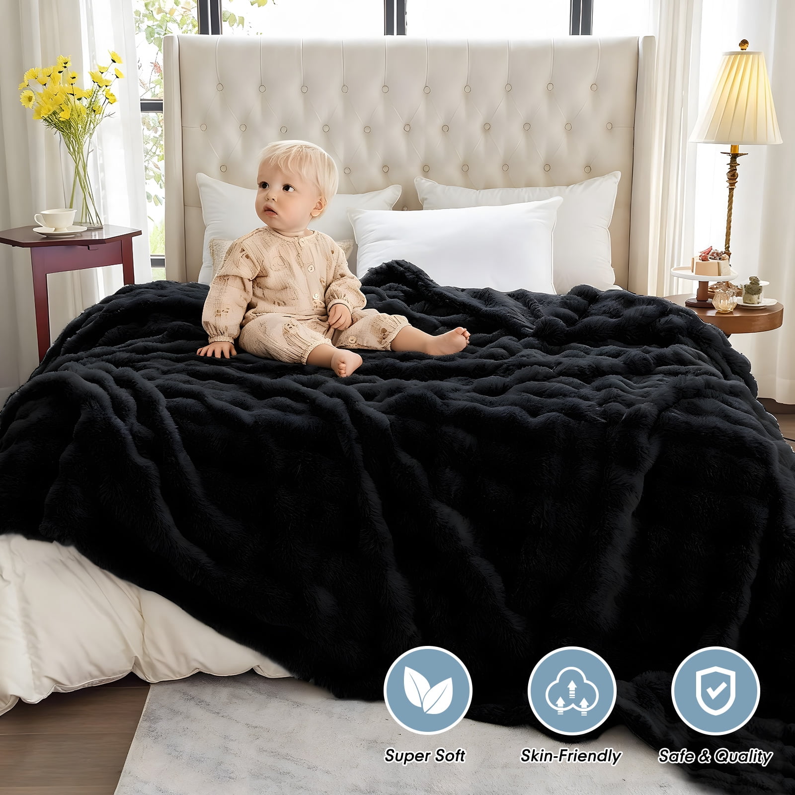 Parojati 90*90 Faux Fur Throw Blanket for Queen Size Bed - Extra Soft Fluffy Warm Bubble Design Blanket for Couch, Sofa and Versatile Use for Bedroom, Living Room, Farmhouse, Black