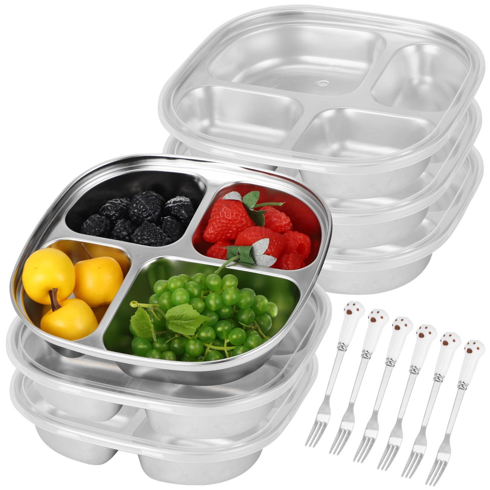 6PCS Stainless Steel Snack Containers, 4-compartment Bento Boxes with Lids & Forks, Deep Large Metal Lunch Trays, Stackable Divided Lunch Containers for Home, Office, Travel