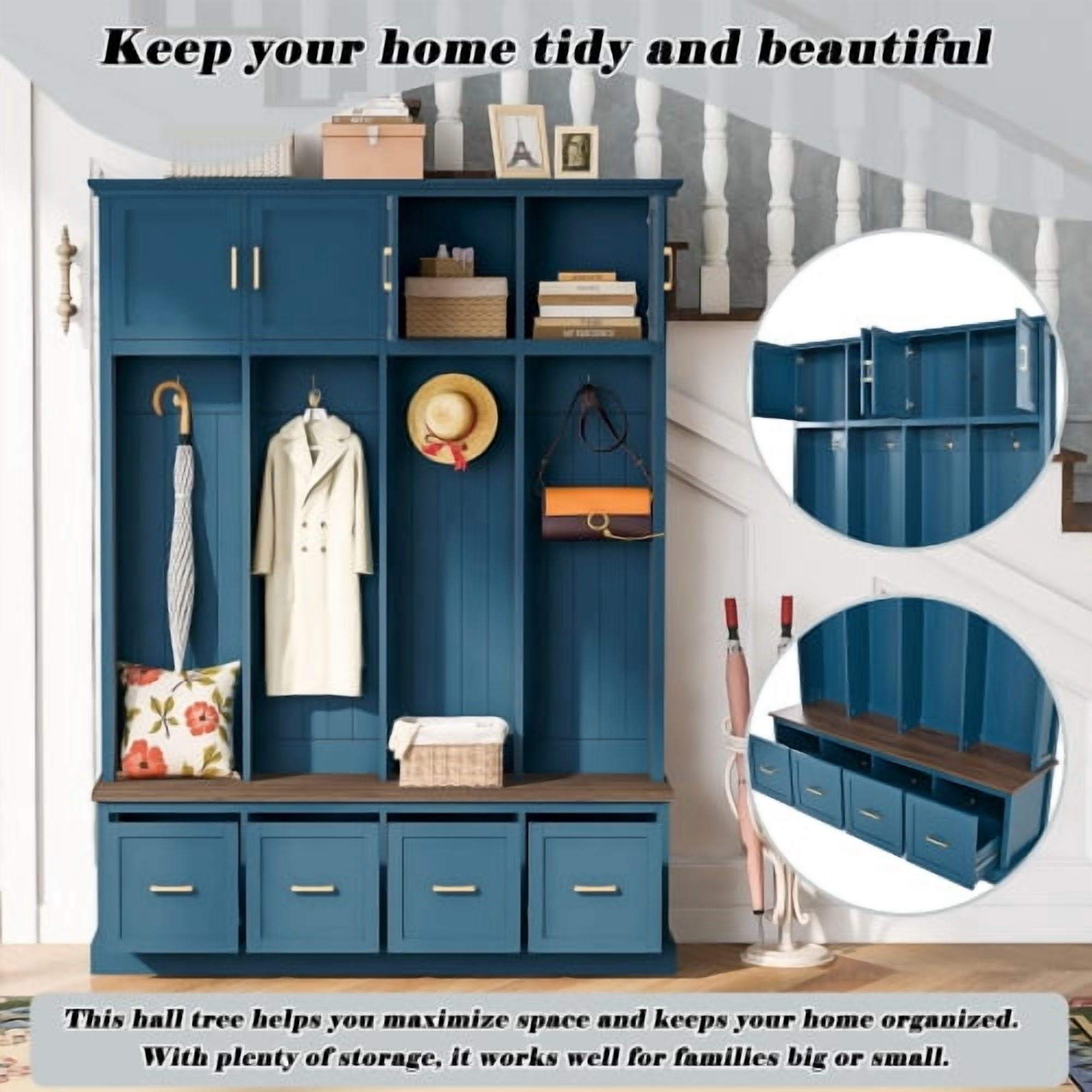 U-Can Farmhouse Entryway Hall Tree with Coat Hooks, Cabinets and Drawers, with Wood Accents and Gold Hardware, Navy Blue