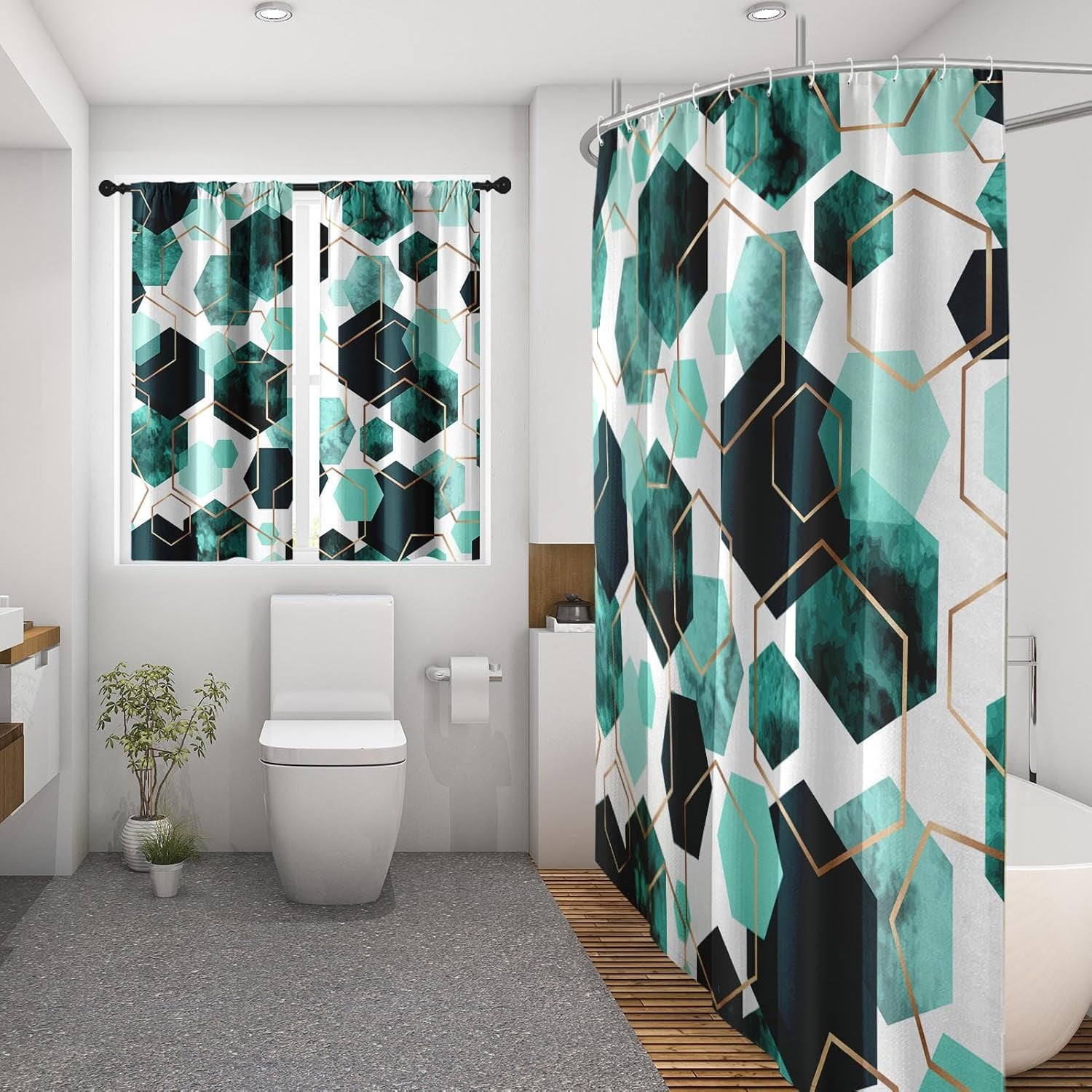 Vintage Brown Shower Curtain Set with Window Curtain, Royal Abstract Line Modern Bathroom Window Curtain with Waterproof Shower Curtain Set for Bathroom Decor