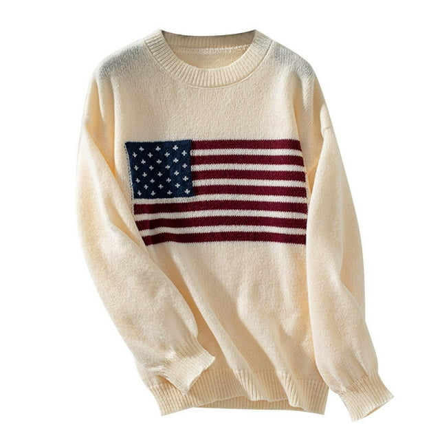 Tricot à la Mode Automne Hiver pour Femmes Motif Drapeau National Col Rond Manches Longues Décontracté Confortable Chaud