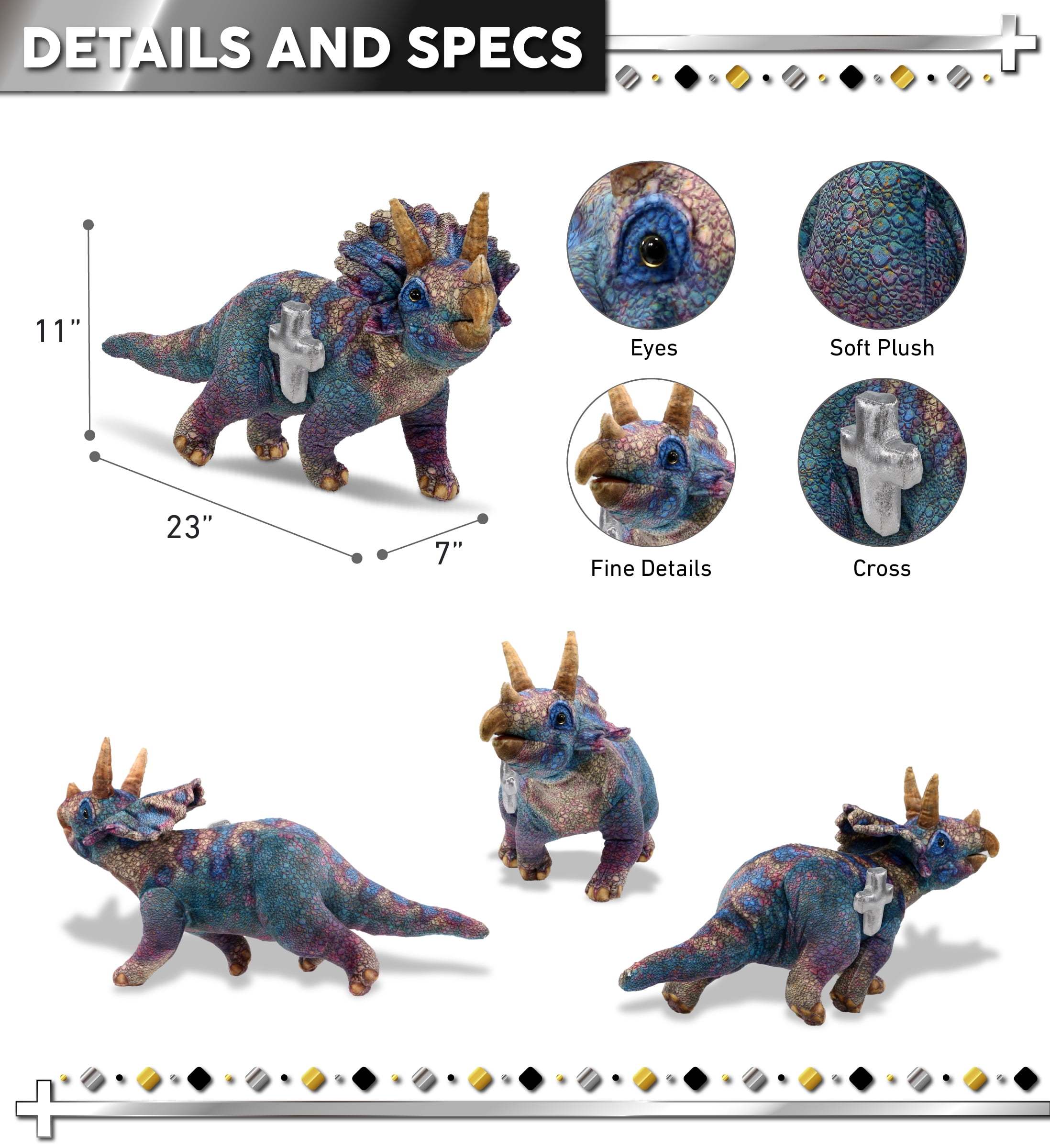 DolliBu Wild Collection Triceratops Dinosaur Stuffed Animal with Silver Cross Plush - Baptism Gifts for Boys and Girls, Dedication Christening Gifts Plush Prayer Toy Healing Stuffed Animal - 23 Inches
