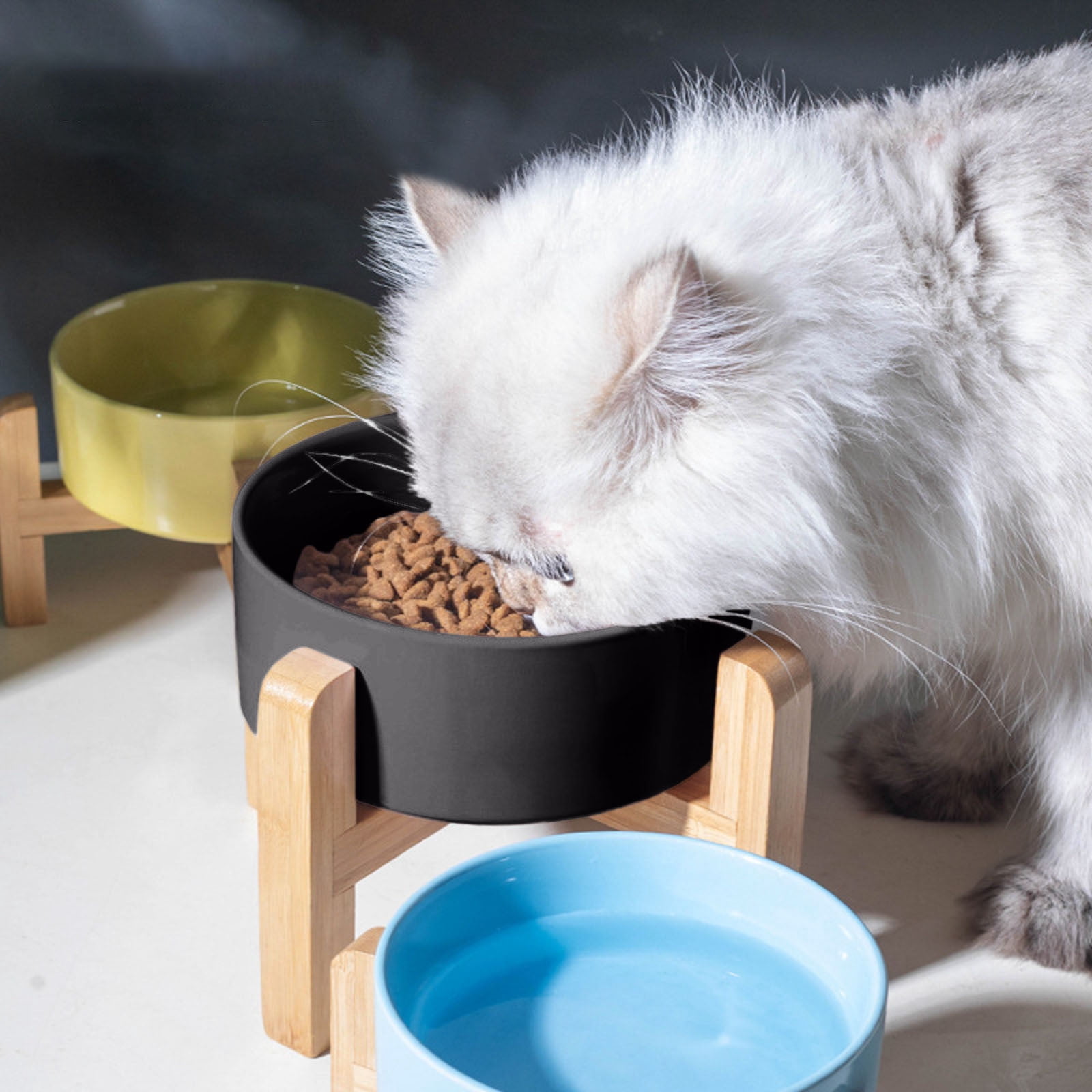 Ceramic Raised Dog Bowl with Bamboo Stand, 12OZ Elevated Pet Food & Water Dish, Anti- and Anti-Vomiting Feeding Bowl for Small Medium Dogs and Cats, Dishwasher Safe