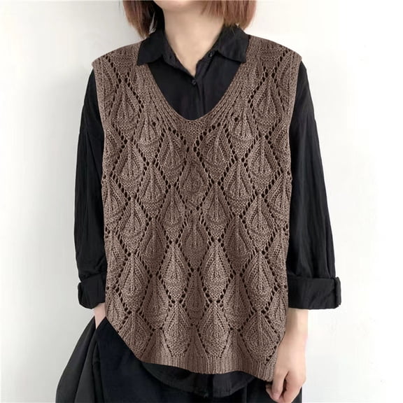 AUNVITO Women's Casual V-neck Sleeveless Knit Vest Loose Fit Openwork Versatile Style