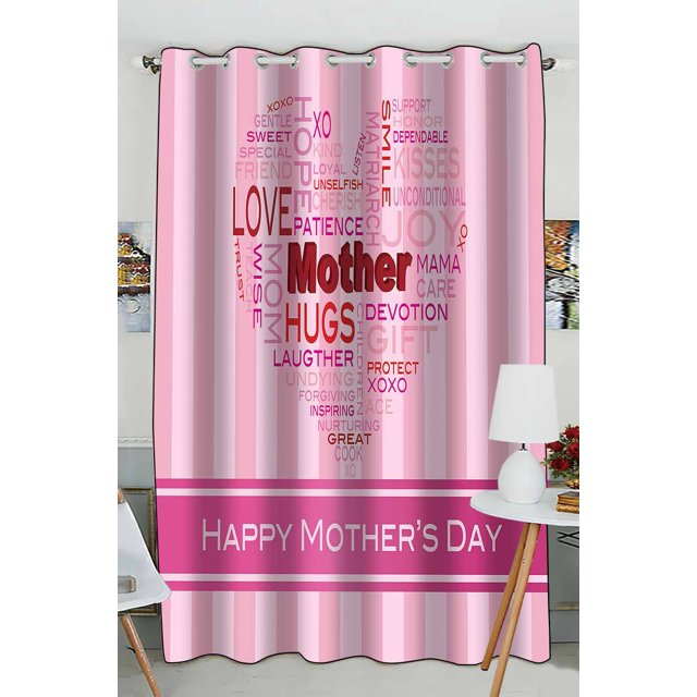 Cortina de ventana ABPHQTO Feliz Día de las Madres Nube de Palabras Forma de Corazón Rayas Rosas 130x210 cm