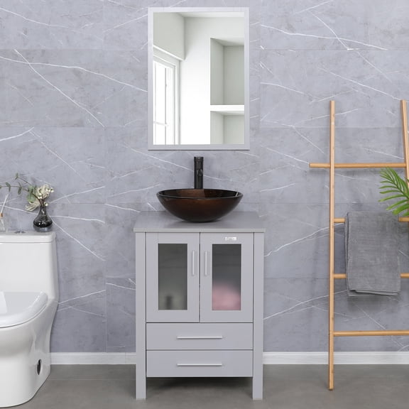 Eclife 24" Gray Bathroom Vanity Set with Mirror, Wood Top,Brown Glass Sink, Water Saving Faucet, Pop up Drain Combo