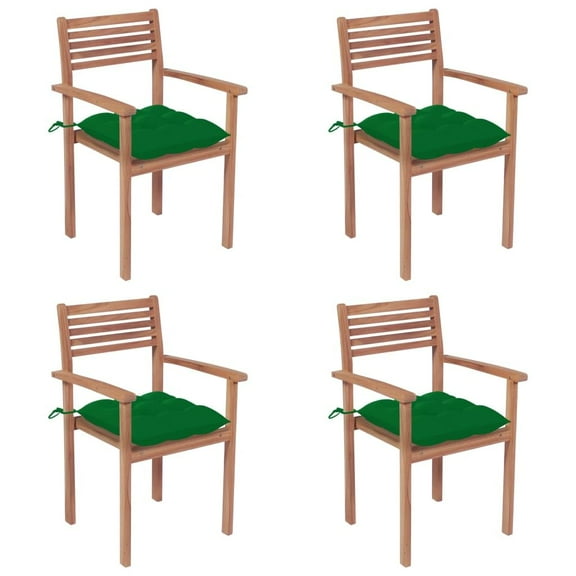 Silla para Patio vidaXL de Madera Maciza de Teca con Cojines Verdes (4 unidades)