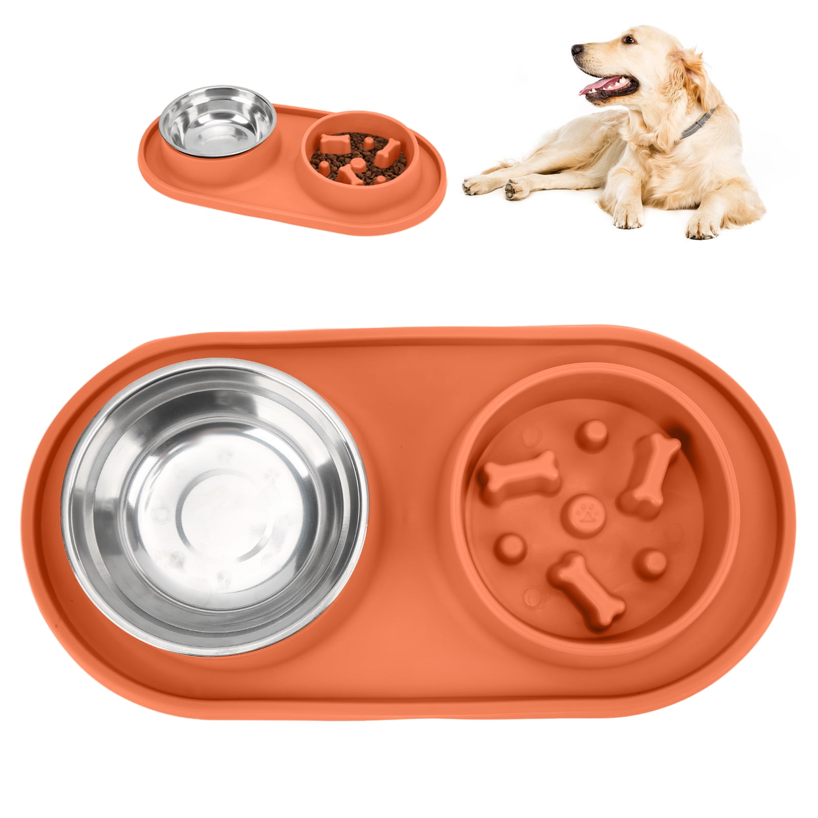 BOKYAN Anti-Skid Double Pet Bowls Silicone Slow Feeder Set with Removable Stainless Steel Water Bowl for Dogs and Cats Orange