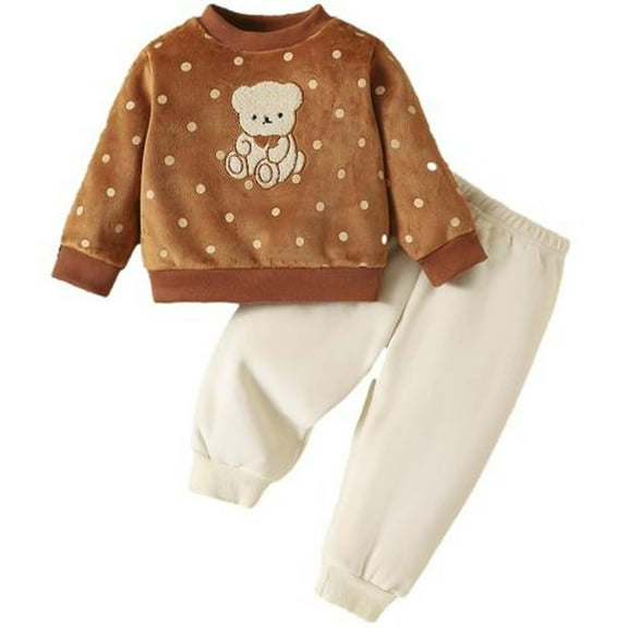 Odeerbi Toddler Boys Fall Winter Outfits Fleece Sweatsuits Thermal Tracksuit Children's Baby Plush Bear Thickened Gold Velvet Sweatshirt Sweatpants Suit Toddler Clothes Brown