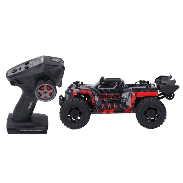 rc vehicle off road, 1:18 escala todos los terrenos camiones de control remoto recargable para niones vehículo RC 1:18 escala lateral con carrocería ABS roja y negra, ruedas todoterreno grandes y tracción en las 4 ruedas; control remoto tipo pistola negro con rueda de dirección. Apto para juegos al aire libre y a menudo usado para practicar maniobras de control a escala.