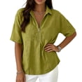 thumbnail image 5 of Domzest Linen Casual Tops for Women Loose-Fit V Neck Summer T Shirts Zip Up Polo Work Going Out Tops Linen Shirts Army Green S, 5 of 5