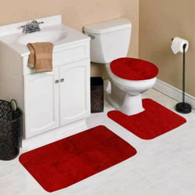 Red 3 Piece Rock Memory Foam Bathroom Mat Set Flannel Embossed