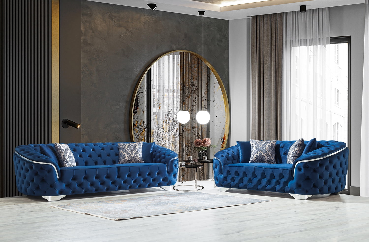 Elegant Blue Velvet Sofa & Loveseat