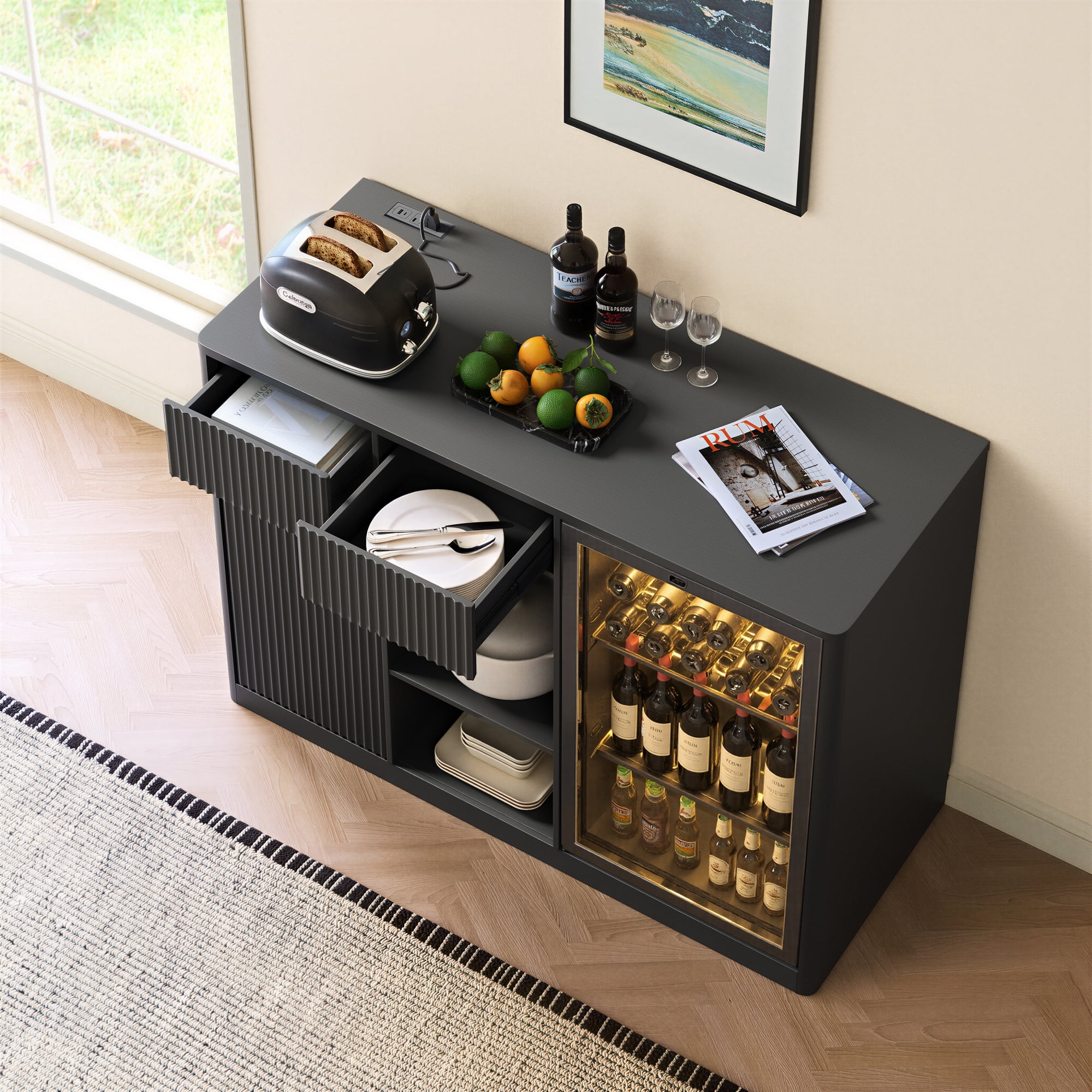 Leumius 51.2" Modern Fluted Bar Cabinet with Fridge Compartment(Fridge Not Included, Adjustable Shelves and Built-in Power Outlets, Multipurpose Wine Storage Cabinet for Living Dining Room Black