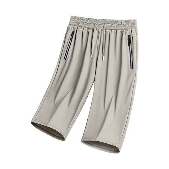 Garbnen Men Capri Pants Quick Dry Ice Silk Straight Leg Men's Running Pants Lightweight Elastic Waist Baggy Stretch Gym Fitness Trousers for Men with Zipper Pockets