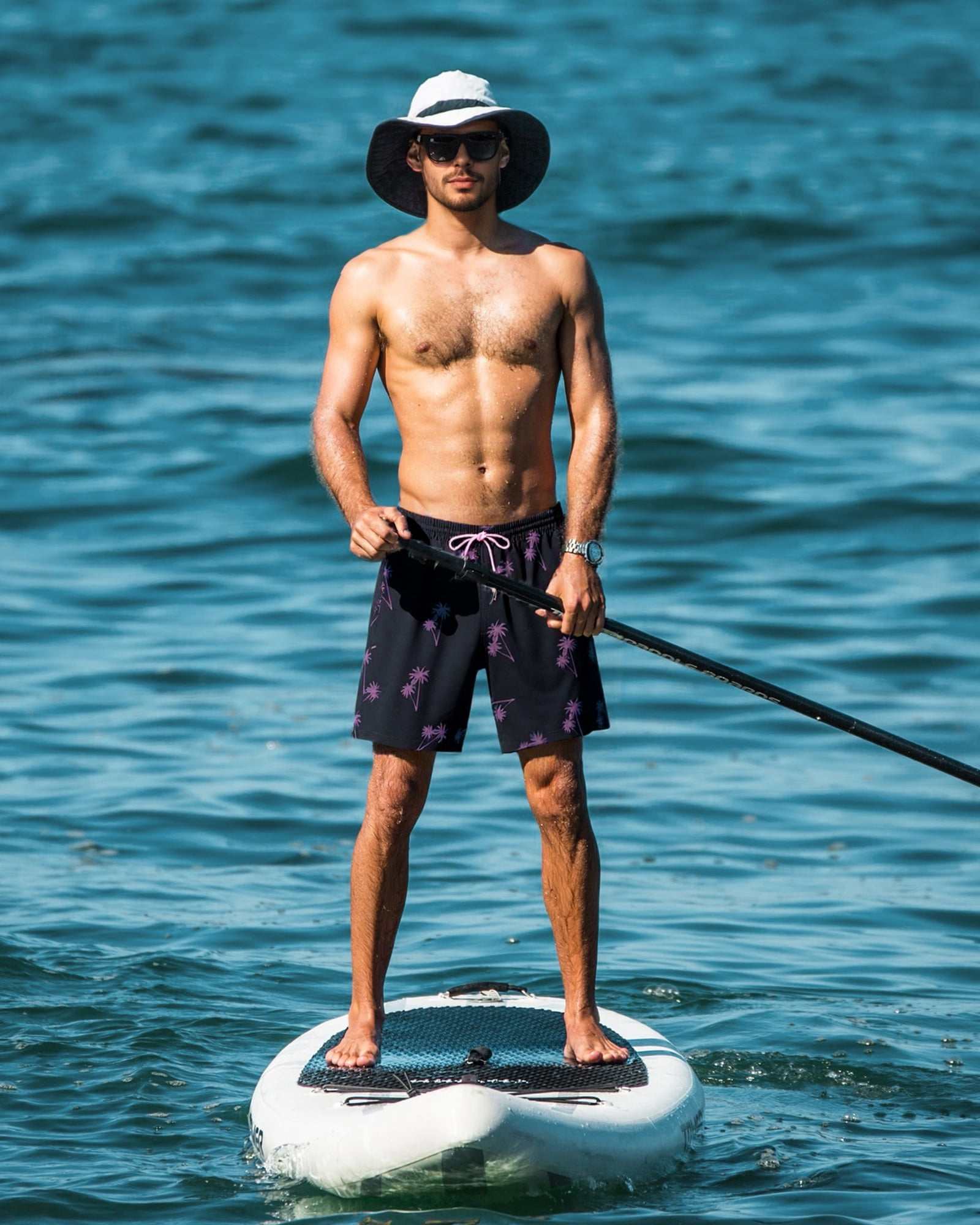 SURF CUZ Mens Swim Trunks with Compression Liner Quick Dry Swim Shorts 7" Swimming Trunks Stretch Bathing Suit Boardshorts Zipper Pockets Black Palm Tree XX-Large