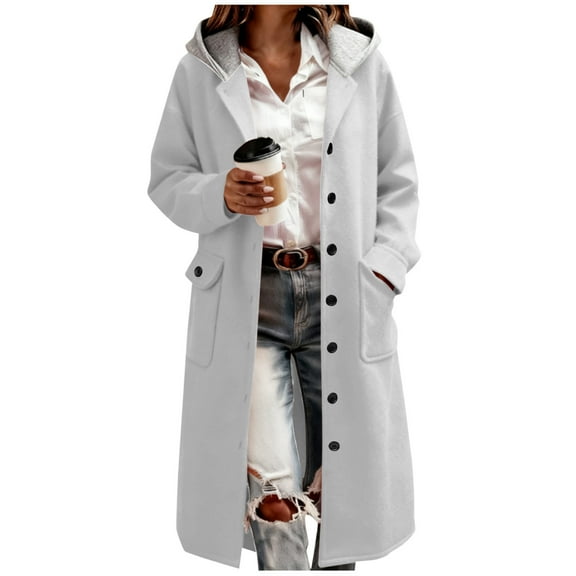 Hxshgdsn Womens Winter Hooded Peacoat Single Breasted Long Wool Casual Coat Formal Office Wool Overcoat With Pocket Gray Xl