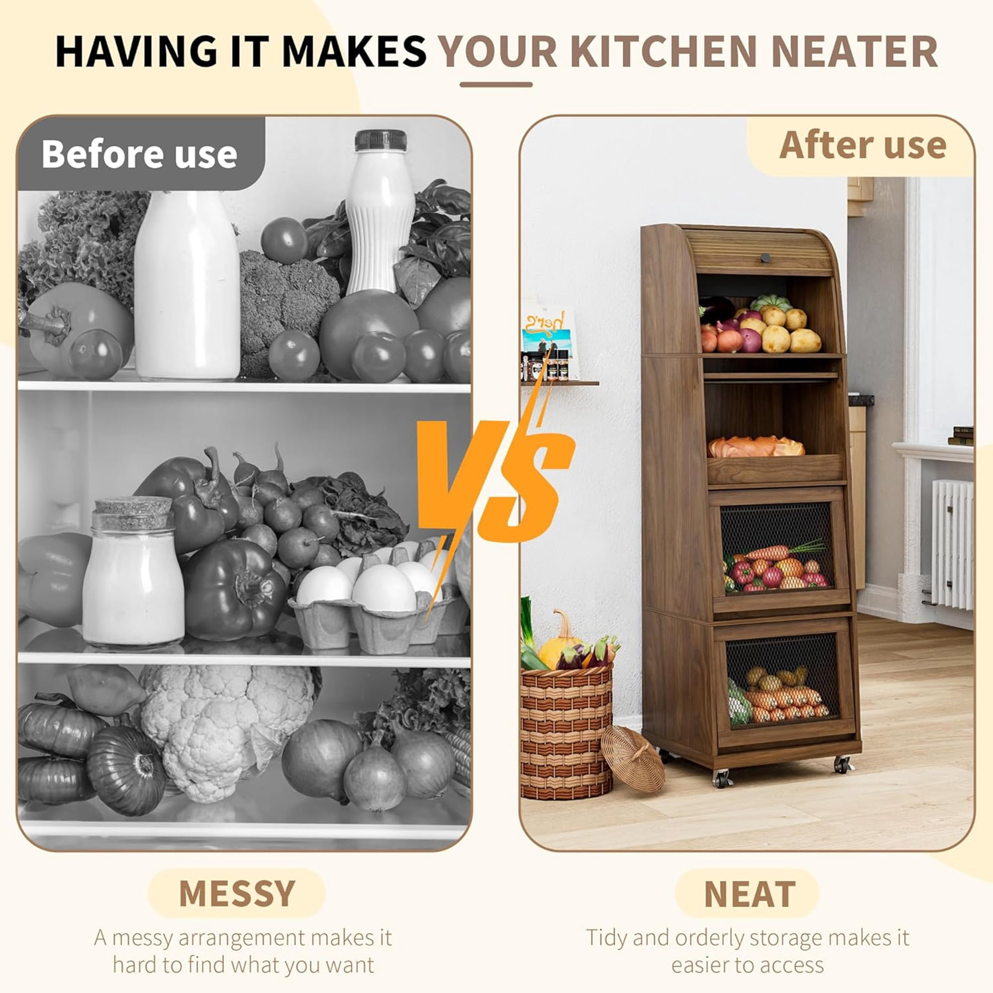 Onion and Potato Storage Bin Box, Movable Potato Bins with Sliding Door, Farmhouse Kitchen Pantry Cabinet
