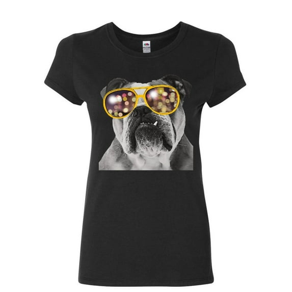 Tee Hunt Bulldog Wearing Glasses Women's T-Shirt Cute Dog Swag Pet Lovers Urban Shirt, Black, Large