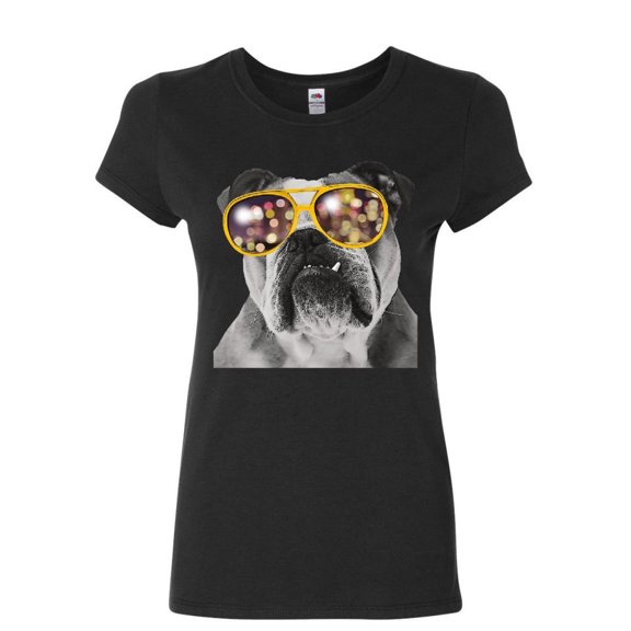 Tee Hunt Bulldog Wearing Glasses Women's T-Shirt Cute Dog Swag Pet Lovers Urban Shirt