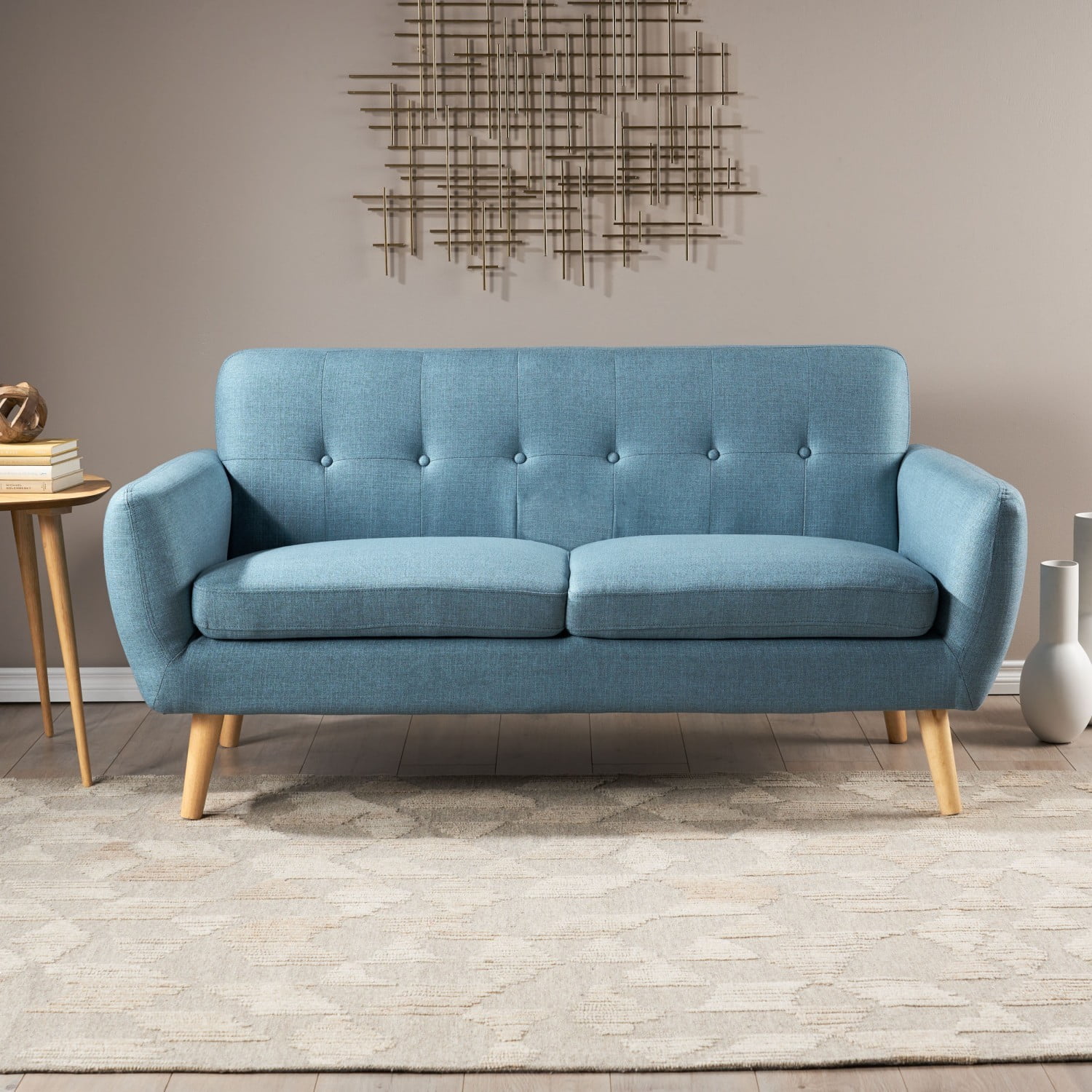 67.25" Mid Century Modern Button Tufted Loveseat Sofa Upholstered 2 Seater Couch with Wood Legs for Living Room Bedroom Foyer, Blue