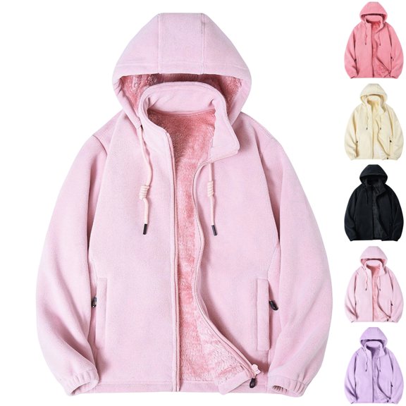 LTTVQM Womens Fleece Jacket Hooded Full Zip Warm Winter Coat Drawstring Relax Fit Classic Hood Casual Trendy Outerwear Tops