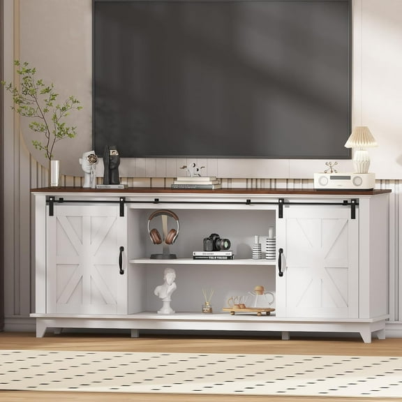 Classic Farmhouse TV Stand with Two Barn Doors and Storage Cabinets for Televisions Up to 75  Inch Wood Entertainment Center Media TV Console Table for Living Room 15.8"x66"x28"