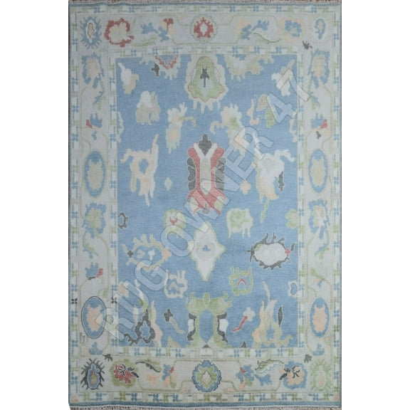 Colourful Handmade Oushak Area Rug Home Decor Rug 8X10 Hand-Knotted M Blue, Beige, Lt Pink, Ivory, Green, Wool Area Rug