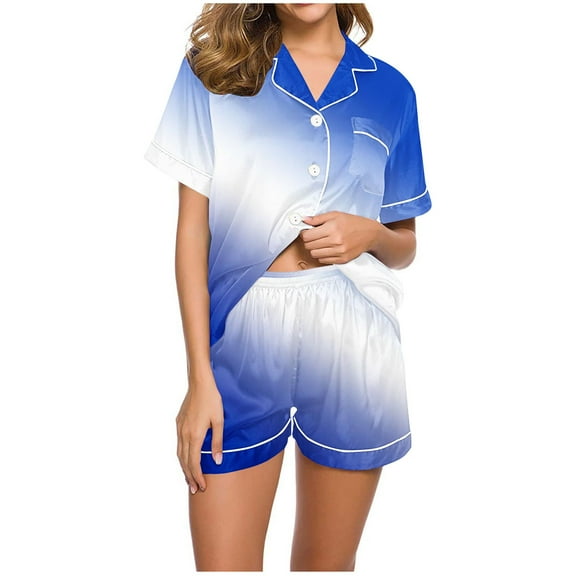Nmnitkp Pajamas for Women Set Soft and Friendly Skin Color gradient Womens Silk Satin Pajamas Short Sleeve Loungewear Two-Piece Sleepwear Button-Down Pj Set S-XXL