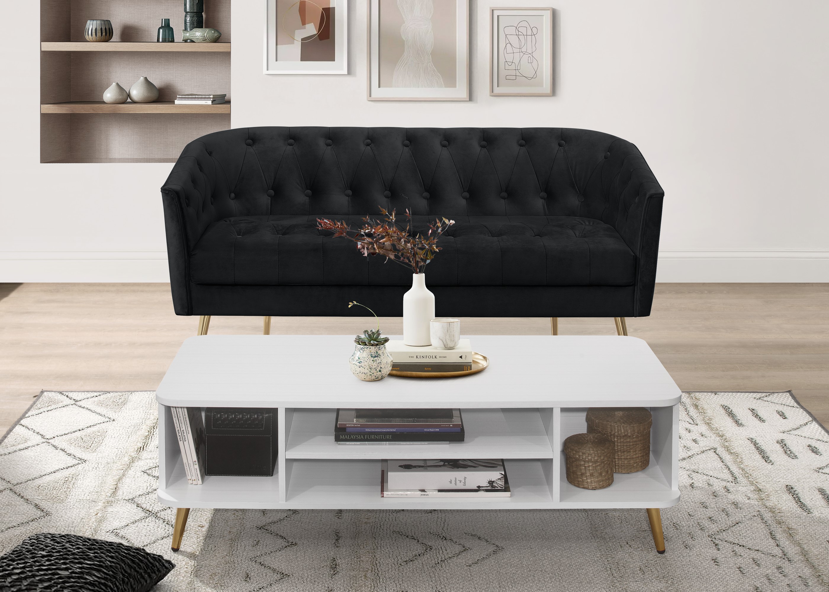 Home Design 2-Piece Cassy Velvet Flared Arm Living Room Furniture Set with Chair with Stool, Loveseat with Coffee Table, Black