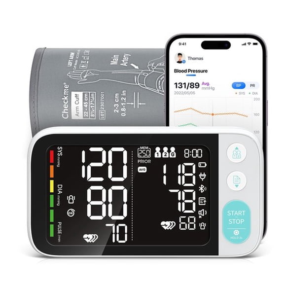 Checkme BP3-C2 Bluetooth Upper Arm Blood Pressure Monitor with Large Backlit Display, Voice Broadcast, 2 x 250 Memory, Irregular Heartbeat Detection, USB-C & Battery Powered