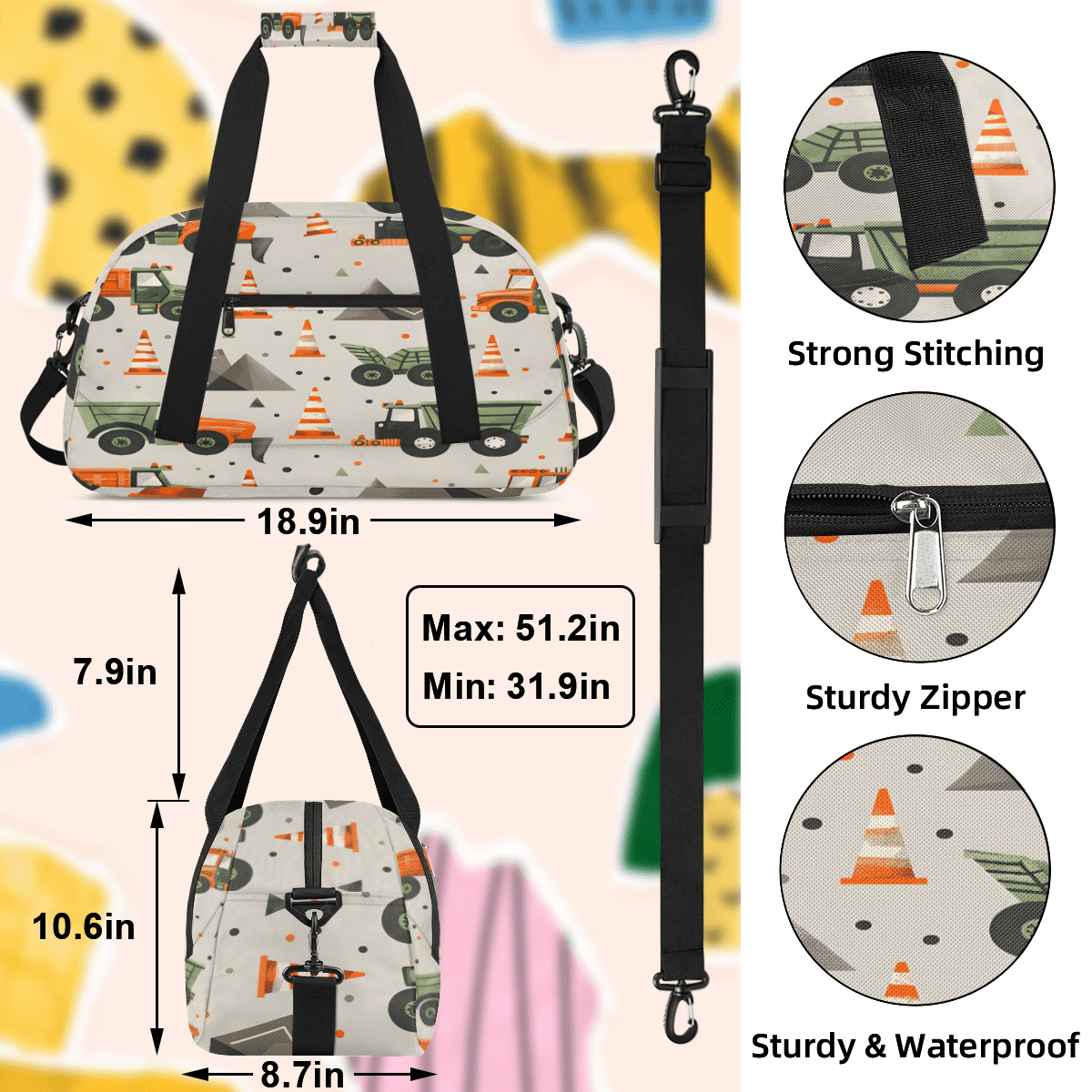 Herdesigns Truck Car Sports Duffle Bag for Women & Men, Green Gym Bag Dance Bag Overnight Bag Carry On Weekender Travel Bag